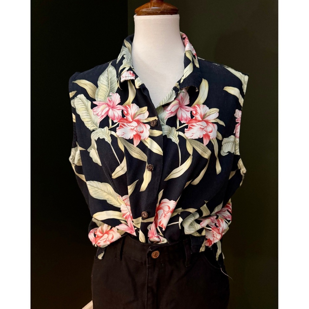 Vintage Two Palms Black‎ Floral Sleeveless Button Down Blouse Women's XXL